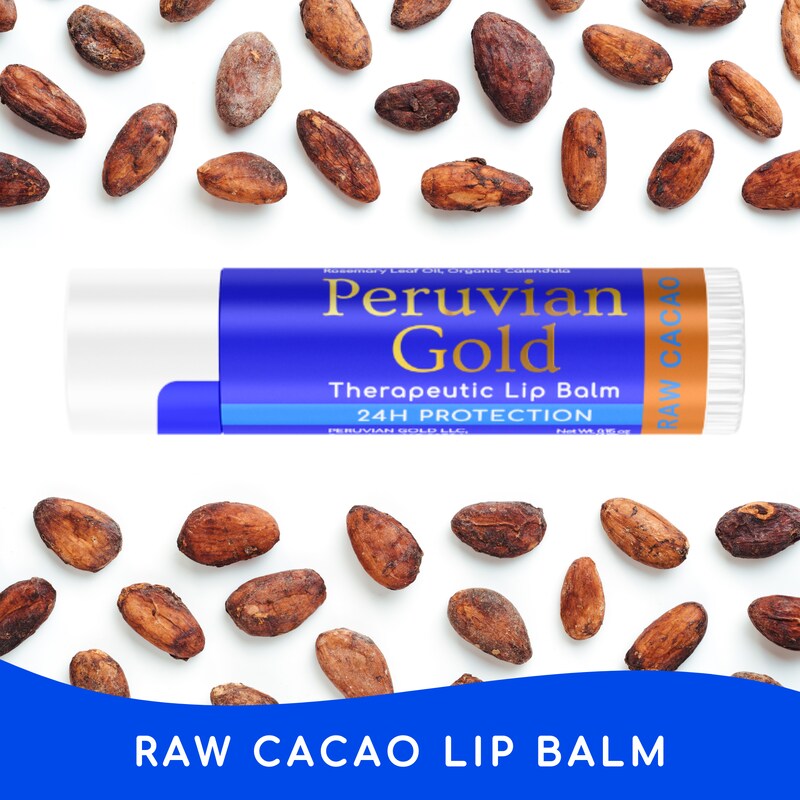 Raw Cacao Lip Balm - 4 Pack, Peruvian Gold | Therapeutic Lip Care 24 hour protection - Organic, Fair Trade, Raw | Unprocessed Peruvian Cacao